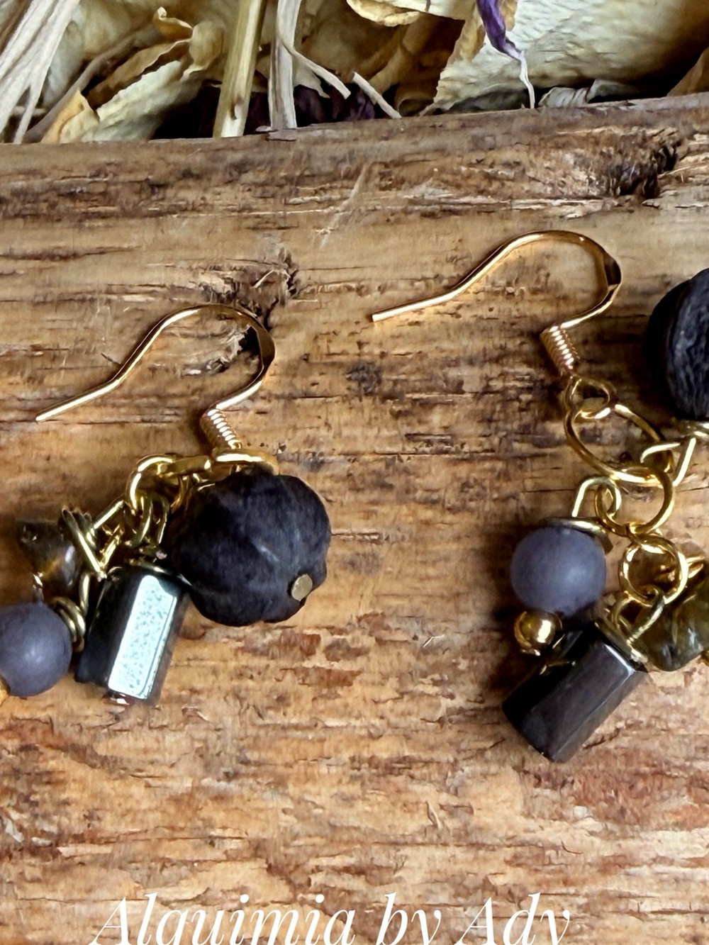 Hematite Gold and Charcoal Cluster Drop Earrings